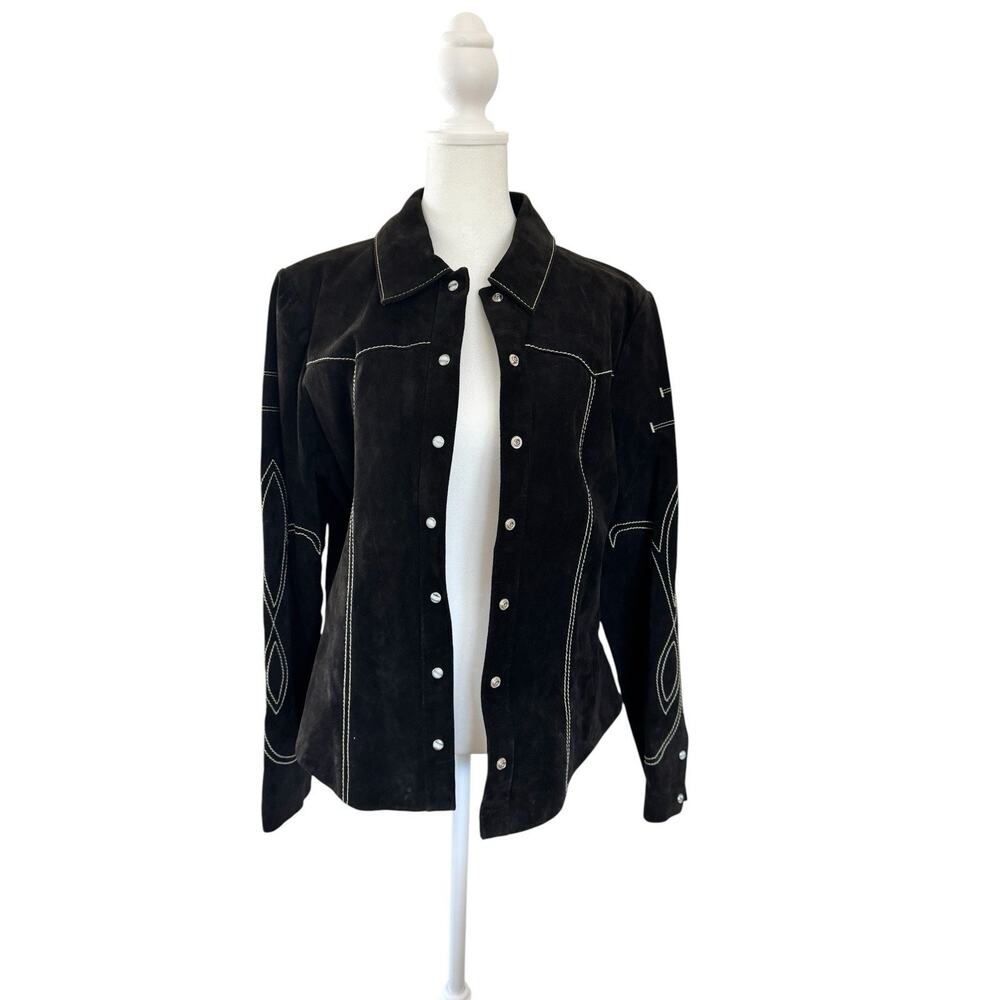 Bebe Black Suede Leather Western Snap Jacket Shirt L Y2K